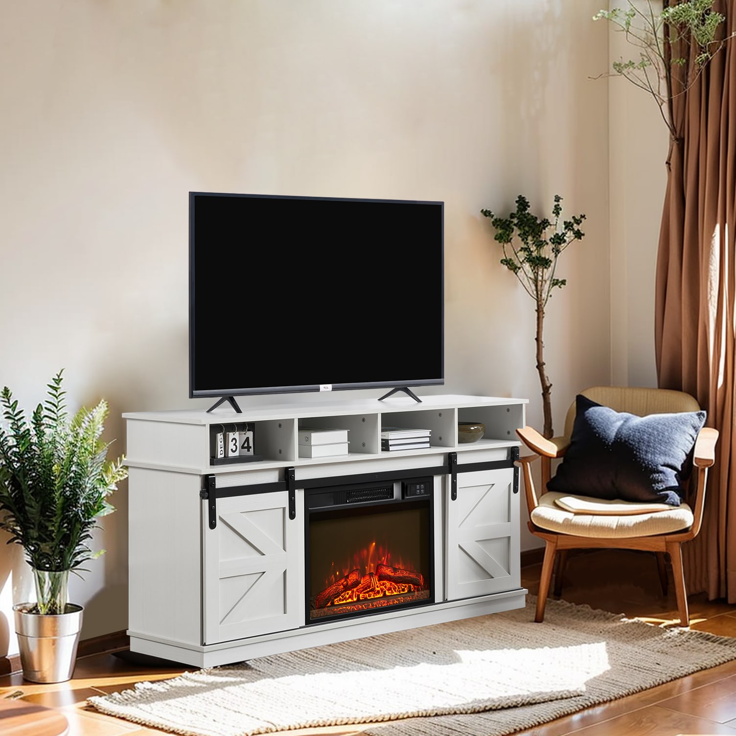 Modern Farmhouse TV Media Stand, Large Barn Inspired Home Entertainment Console, With 23" Fireplace Insert, For TV Up To 65'', With Open Shelves And Closed Cabinets, White_voghion.com